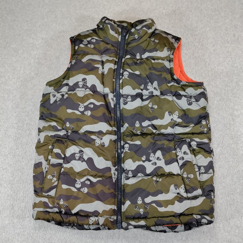 Old Navy Vest Kids Medium (8) Camo Skulls Zip-up Fleece Lined Sleeveless Puffer